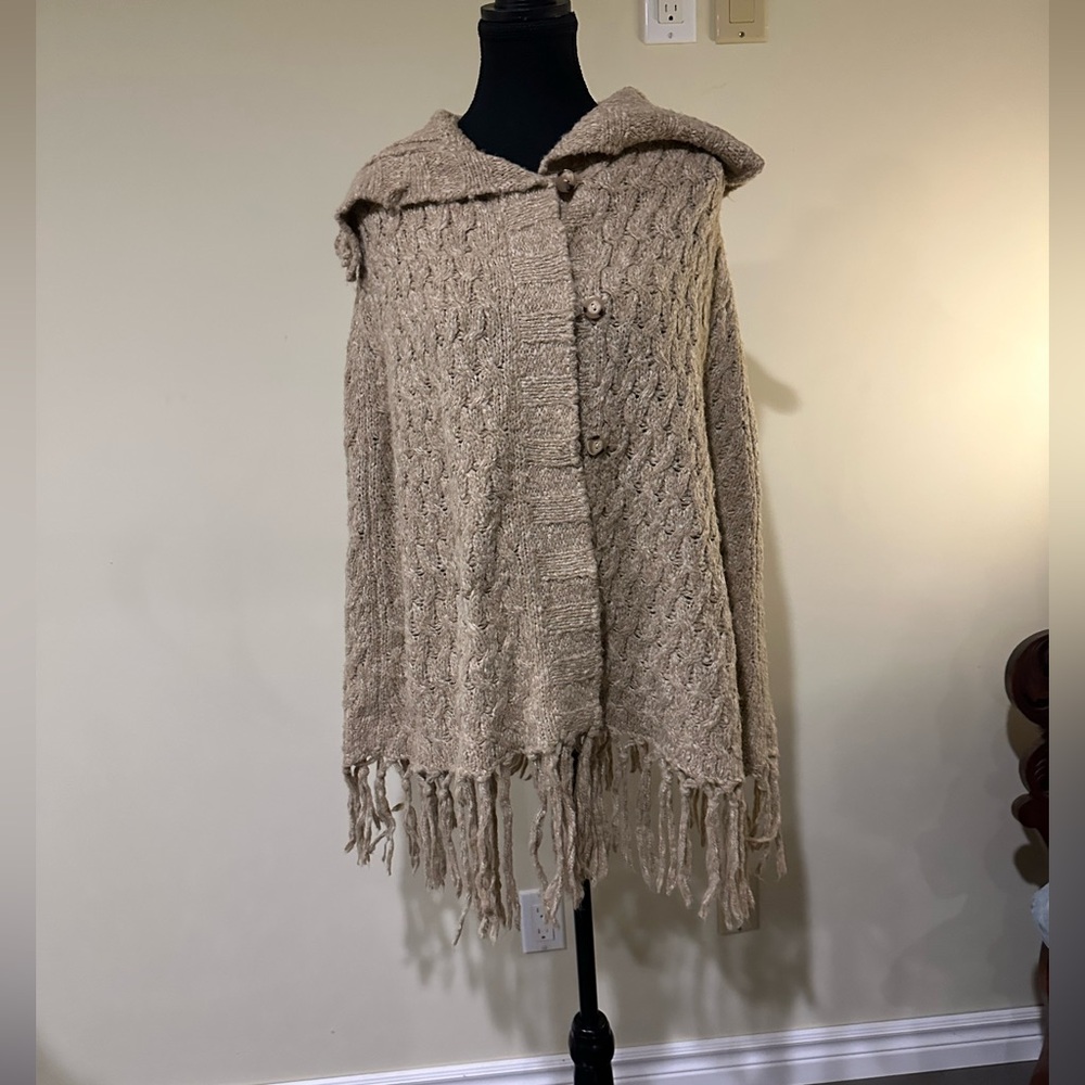 Beige Knit Poncho with Fringe